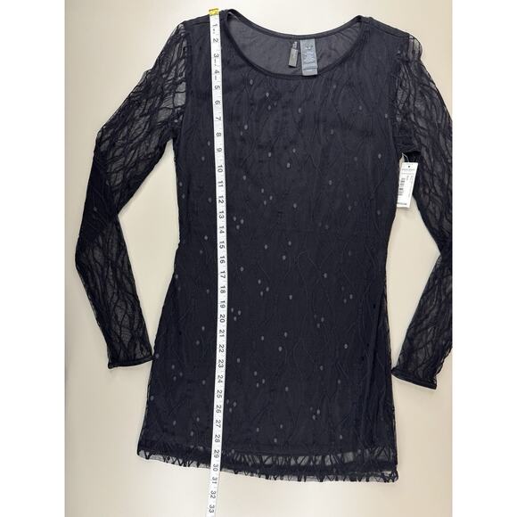Bisou Bisou Black Mesh Long Sleeve Mini Dress M Sheer 90s Y2K Cocktail Dance - Picture 9 of 12